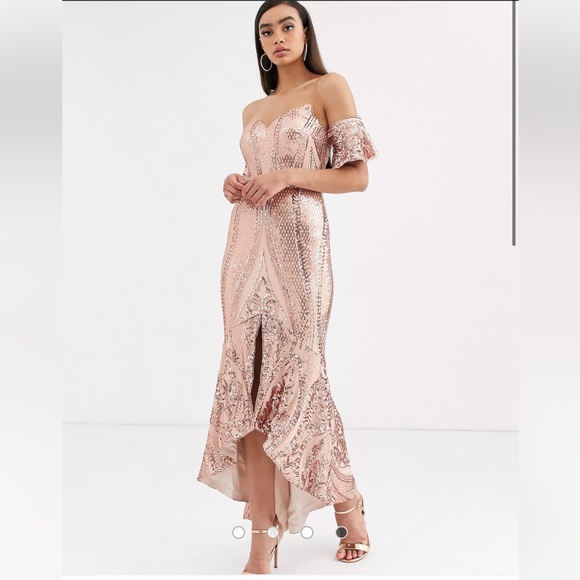 bariano rose gold dress Bariano High Neck Embellished Rose Gold Sequin Maxi Dress